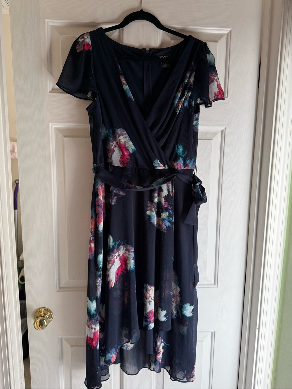 DKNY Navy Floral Wrap Dress with Pink & Teal Accents